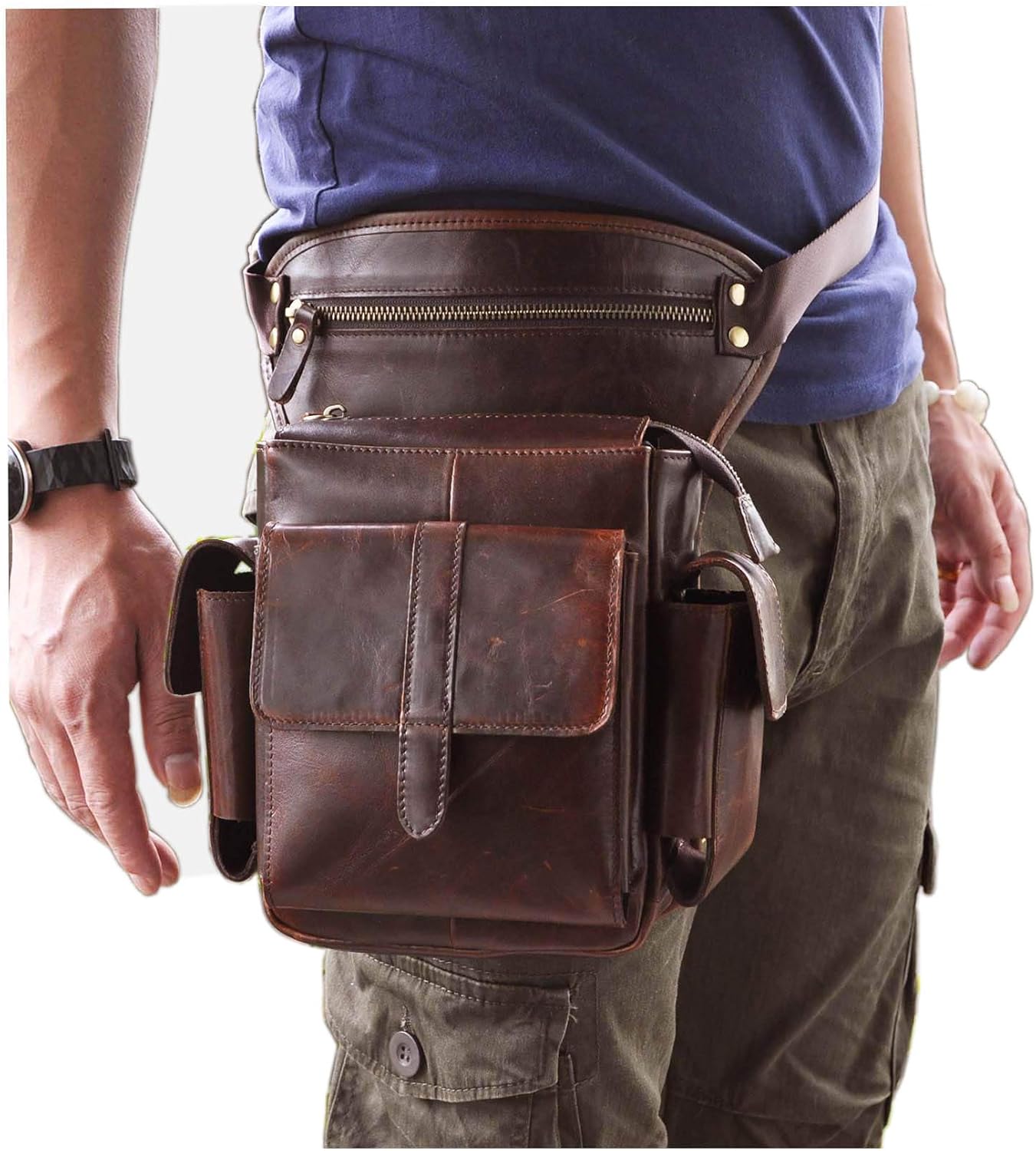 Le'aokuu Mens Genuine Leather Messenger Motorcycle Hip Bum Waist Pack Drop Leg Cross Over Thigh Bag 913-5 (913-5 Coffee) - Image 3