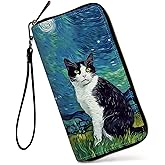 GFRGTFHYT Womens Wallet, Large Capacity RFID Blocking PU Leather Wristlet Wallets for Women Ladies Men Credit Card Holder Zipper Wallet Phone Holder Clutch Travel Purse, Art Cat