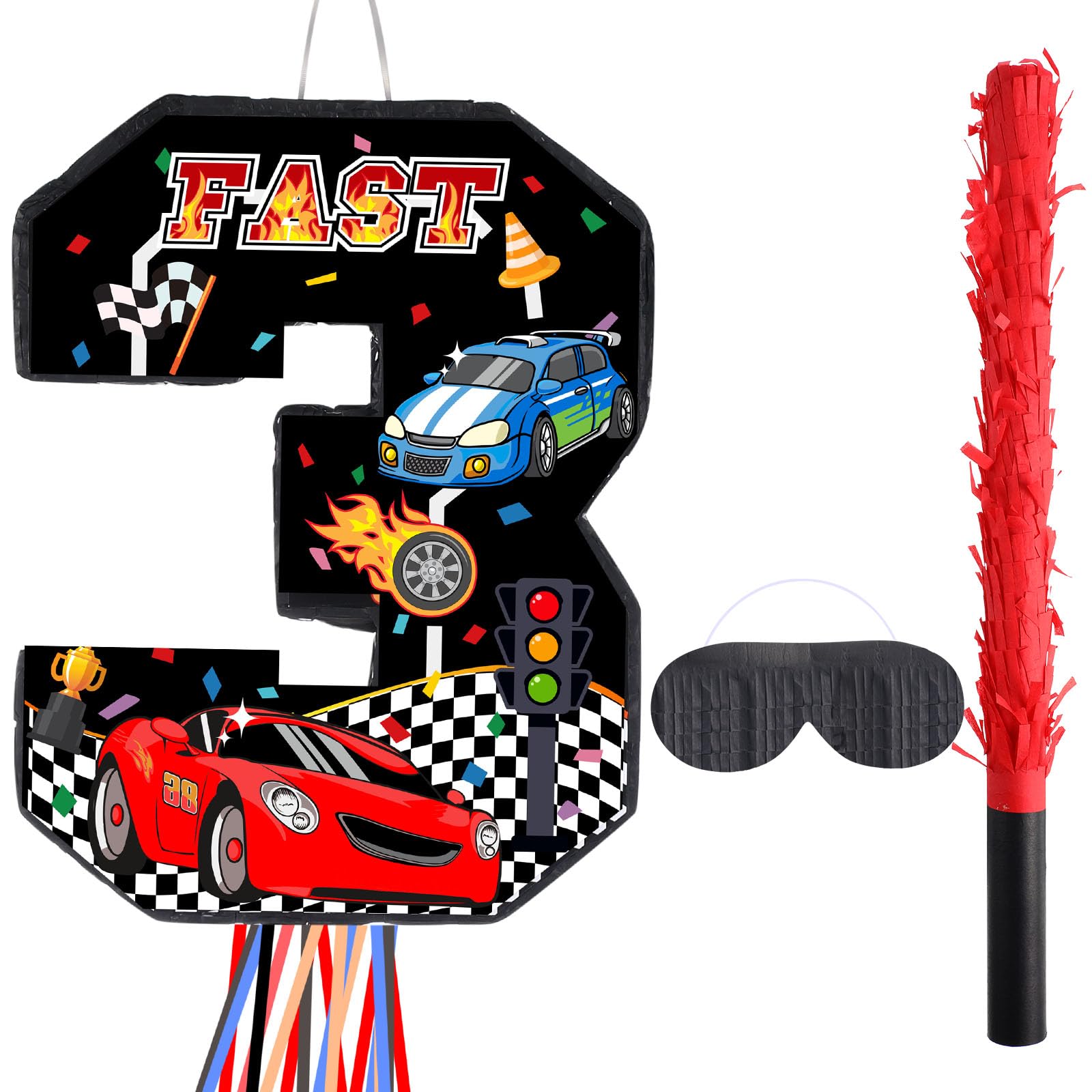 Photo 1 of Harrycle Race Car Piñata Pull String Cars Piñatas for Birthday Party Decorations Number 2 3 4 5 6 with Blindfold Stick Small Red Black Racing Theme 2nd 3rd 4th 5th 6th Party Supplies(Number 3)
