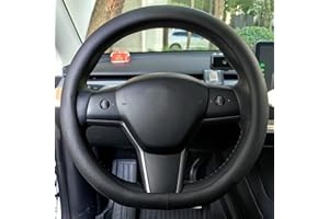 XHRING D-Shaped Car Steering Wheel Cover for Tesla Model Y Model 3 Plaid/Long Range 5/6/7 Seater Interior Accessories 2016-2020 2021 2022 2023 2024, Black Premium Leather (14-14 1/4 inches)