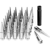 DYNOFIT 14mmx1.5 Spike Lug Nuts, 32PCS Chrome M14x1.5 Lug Nut, 4.4 inch Tall Closed End Nuts with 1 Socket Key Compatible with 1999-2026 Chevy Silverado 1500 GMC Sierra 2500HD,2003-2026 F250 F350