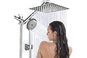 ASHWANTH Shower Head,8”Rain Shower Head with Handheld Spray Combo with 11'' Angle Adjustable Extension Arm/Flow Regulator/Shower System,High Pressure Rainfall Shower Head Bathroom,Chrome