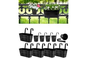 VENSOVO 5 Pcs 10.8” Metal Railing Planter for Outdoor Plants – 5 Pcs 3.9” Balcony Hanging Flower Pots with Detachable Hooks, Drainage Holes, Oval Bucket Rail Box Fence Planters for Home Garden Décor, Black
