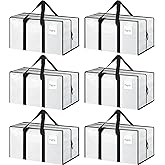 6 Pack Extra Heavy Duty Large Moving Bags with Strong Zipper & Comfortable Handles, Sturdy & Durable Clothes Storage Bags Totes Bins, Packing Moving Boxes for College Supplies, White