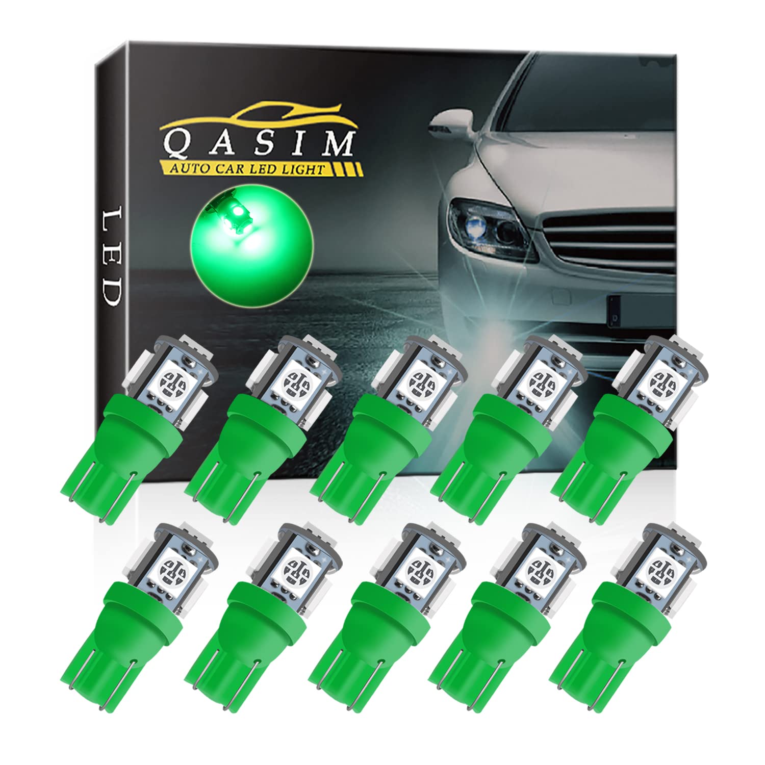 Qasim 10x T10 W5W LED Bulbs 5SMD 501 194 168 5050 Chipset Wedge for Car Interior Dome Dashboard Map RV License Plate Side Lights DC 12V Green