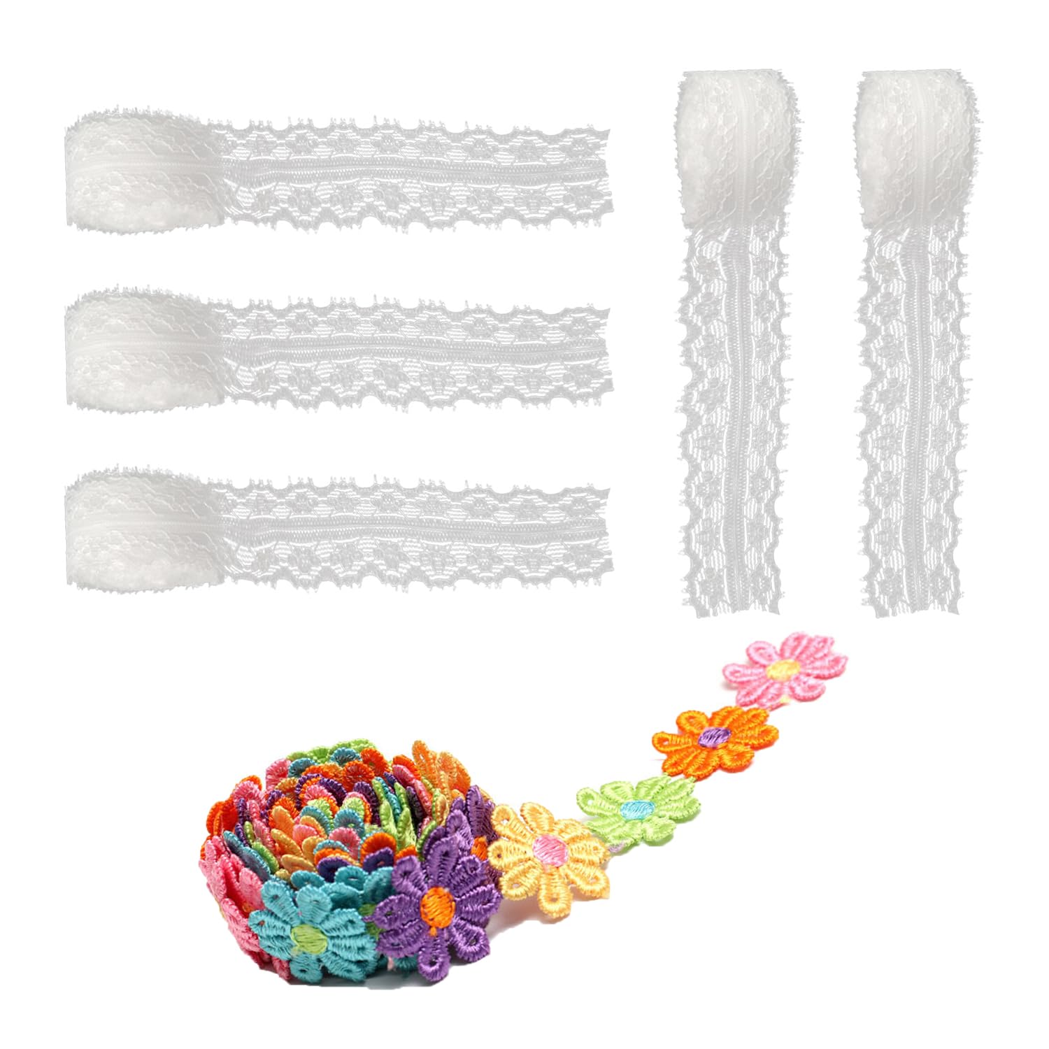 5 Rolls White Lace Ribbon (50m) with 2 Yards Colorful Floral Ribbon Lace Trimming Ribbon Lace Embroidery Trimmings for Sewing Decor Wedding Gift Decor