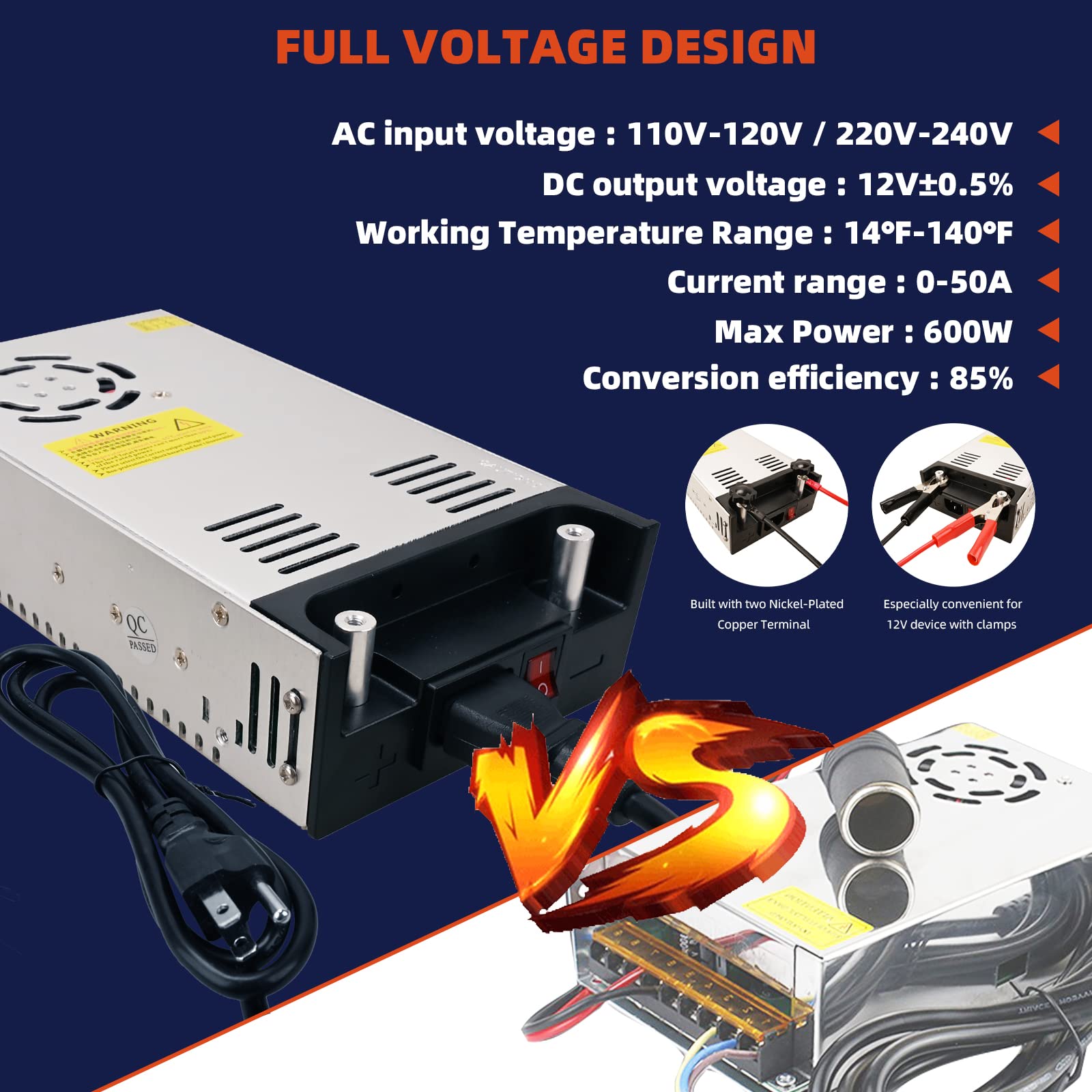 New Version Converter, 110V AC to 12V DC Converter Power Supply 12V 600W 50A DC Switch Transformer for RV,Pump,LED Strip, LCD Monitor