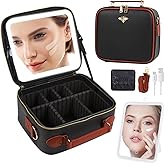 GERYUAEG Travel Makeup Bag with Mirror of LED Lighted, Rechargeable Cosmetic Train Case Artist Makeup Organizer for Women with Adjustable Dividers, Makeup Brushes Holder and Strap (CosMirr-Black02)
