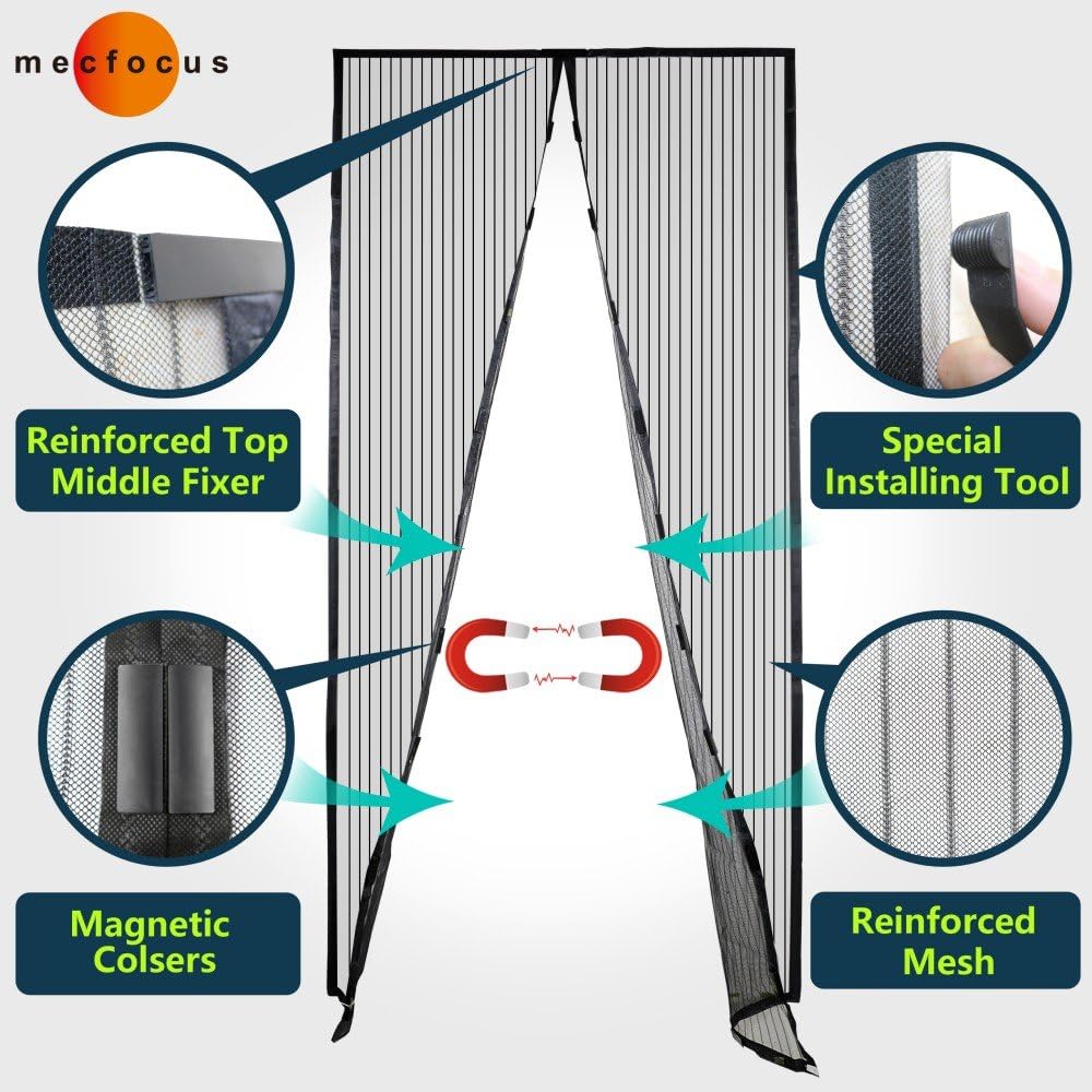 Mecfocus-NEW Magnetic Screen Door 43.3x94.5" MAX, Width and Length Adjustable by Cut, Special Top Reinforced Fixer, Full Frame Velcro, Easy Screen Door With Magnets, Anti Bug,Mosquito,Fly