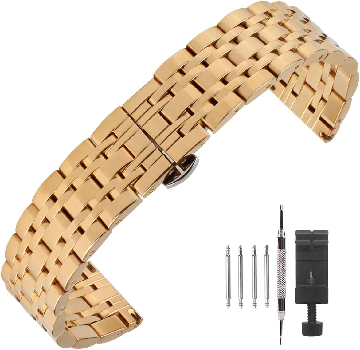 Polished Stainless Steel Solid Link Watch Band 12mm/14mm/16mm/18mm/20mm/22mm/24mm,Butterfly Buckle Bracelet Strap Replacement for Samsung Gear Silver,Repair Tools Included