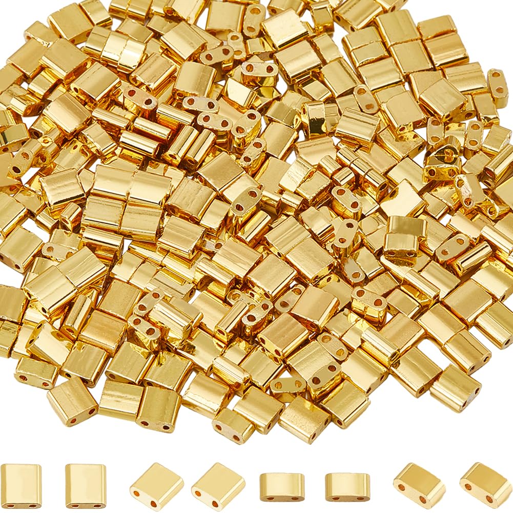 SUNNYCLUE 1 Box 300Pcs 2 Sizes Gold Tila Beads Bulk Two Hole Seed Beads Half Cut 5mm 1/2 Tila Bead Spacers Glass Mini Rectangle Flat Square Seed Beads for Jewellery Making Bracelets Earring DIY Crafts