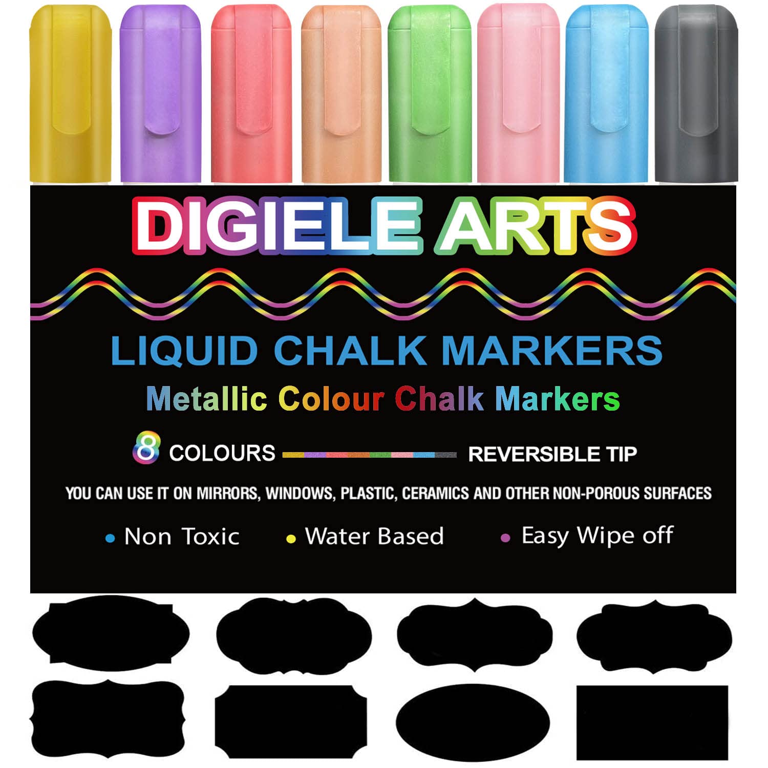 DIGIELE Metallic Chalk Pens, 6mm Dry or Wet Erase Liquid Markers, Reversible Bullet or Chisel Tip Pen For Chalkboard, Blackboard, Window or Glass, 8 Metallic Colour Pens + 32 Blackboard Labels Packed