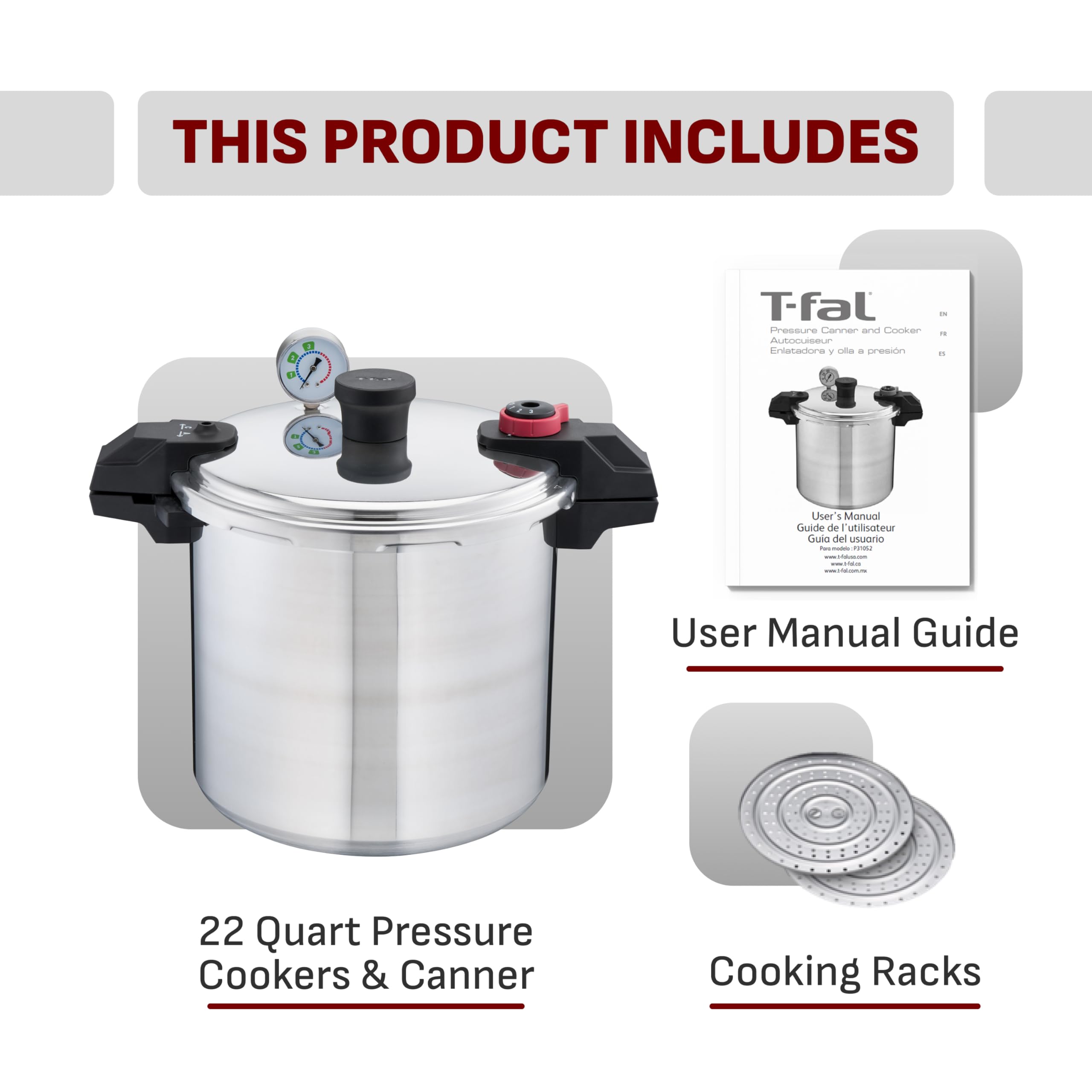 T-fal Pressure Cooker Aluminum Pressure Canner, 22 Quart, 3 PSI Settings, Cookware, Pots and Pans, Large Capacity, Cooling Racks, Recipe Booket, Canning Vegetables, Meats, Poultry, Seafood, Silver