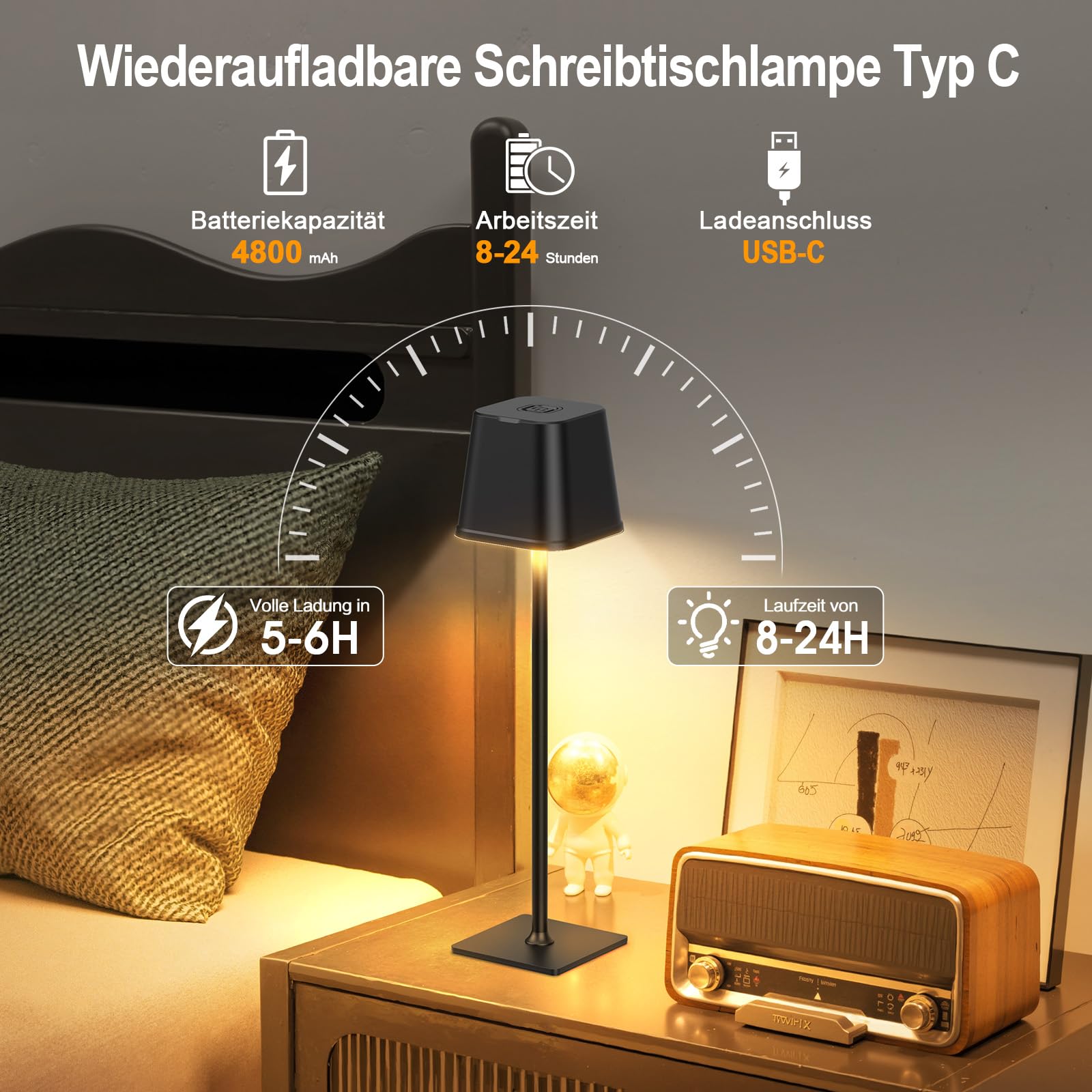 RECHOO LED Tischlampe Kabellos 2 Stück , Dimmbare Nachttischlampe Touch, Schreibtischlampe, Lese Lampe, Tischleuchte Outdoor und Indoor, USB-C, Camping Lampe, Warmweißes Licht 6