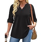 IN'VOLAND Womens Plus Size Long Sleeve Tops V Neck Plaid Roll Up Shirts Basic Casual Work Blouses