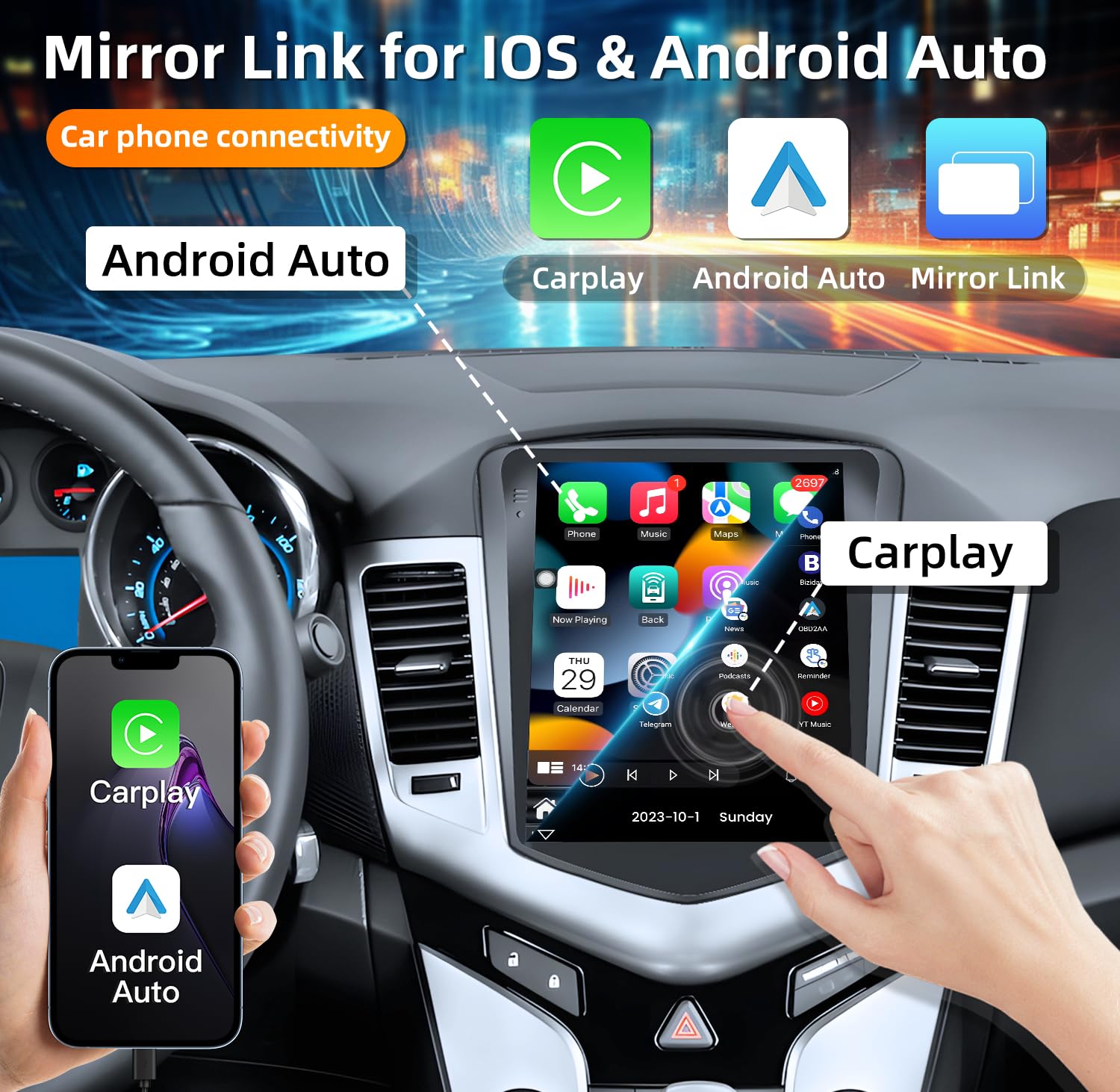 4Core 64ROM Car Radio for Chevrolet Chevy Cruze 2009-2015: Upgrade Touchscreen Tesla Style Stereo Head Unit Wireless CarPlay Android Auto 5G WiFi GPS Bluetooth 5.0 FM RDS SWC Backup Camera