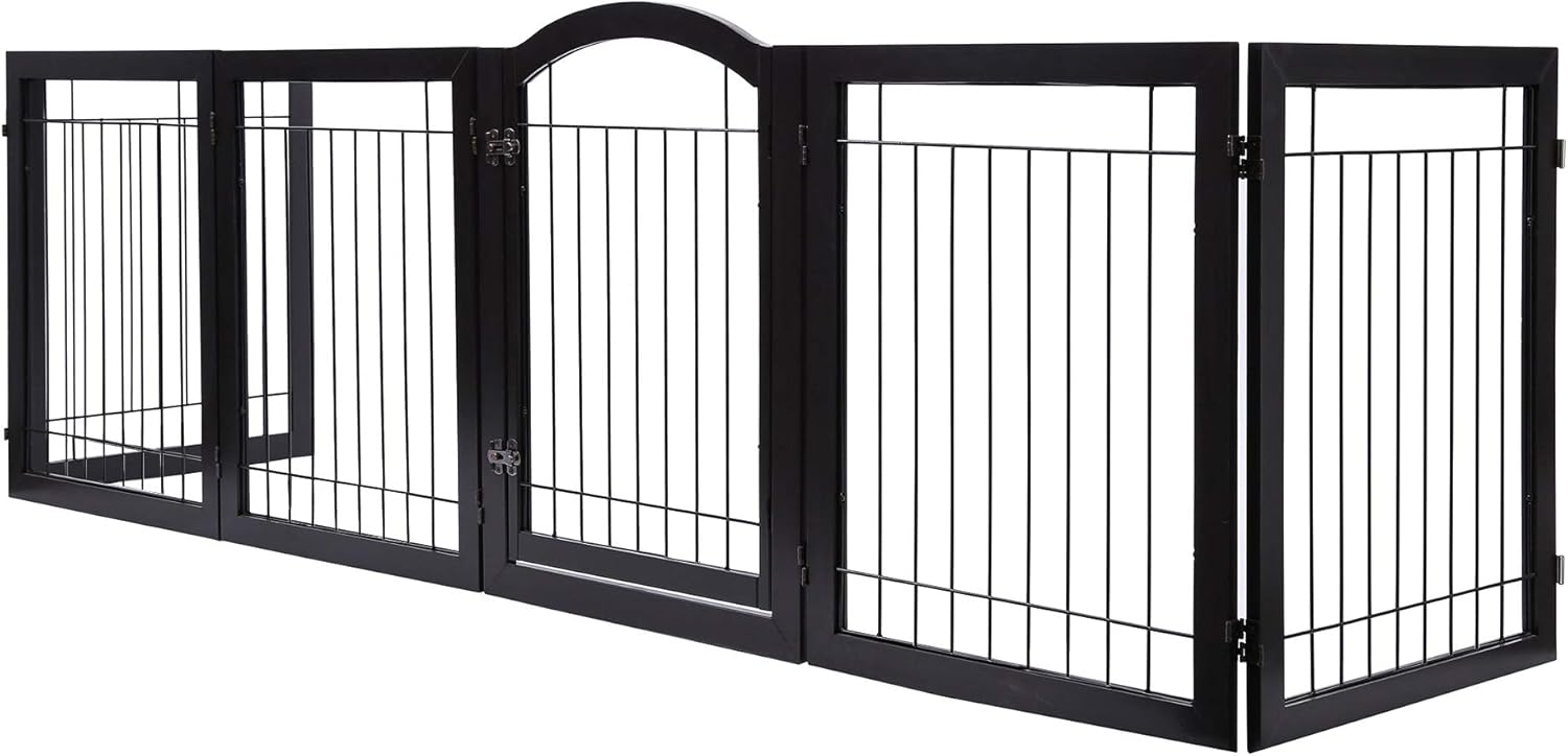 PAWLAND 144-inch Extra Wide 30-inches Tall Dog gate with Door Walk Through, Freestanding Wire Pet Gate for The House, Doorway, Stairs, Pet Puppy Safety Fence, Support Feet Included, Espresso,6 Panels: Baby