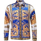 Mens Luxury Brand Printed Silk Like Satin Button Down Dress Shirt for Party Prom Long Sleeve Slim Fit Floral Nightclub Shirt