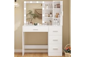 usikey Makeup Vanity with Lights, Vanity Desk with Mirror and 10 LED Lights, White Table with 4 Drawers, Cabinet & 4 Necklace Hooks, Dressing Table for Bedroom,Grils Vanity, White