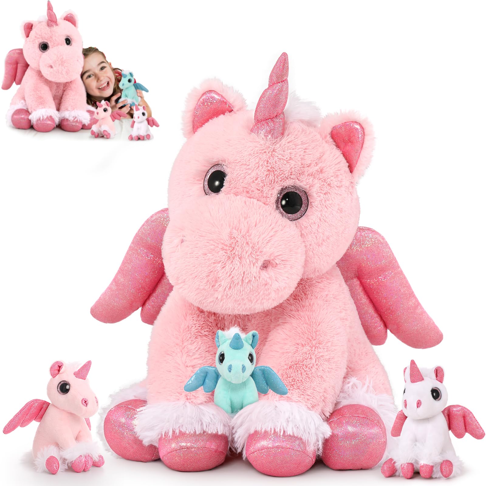 Photo 1 of MorisMos Pink Unicorn Stuffed Animal with Babies,18'' Large Stuffed Mommy Unicorn Stuffy with Babies for Kid,4Pcs Unicorn Plush Toy Gifts for Girl,Pregnant Stuffed Animals for Baby Shower Birthday