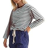 NUFIWI Striped Long Sleeve Shirts for Women Y2k Drop Shoulder Crew Neck Sweatshirts Fall Oversized Cropped T Shirts