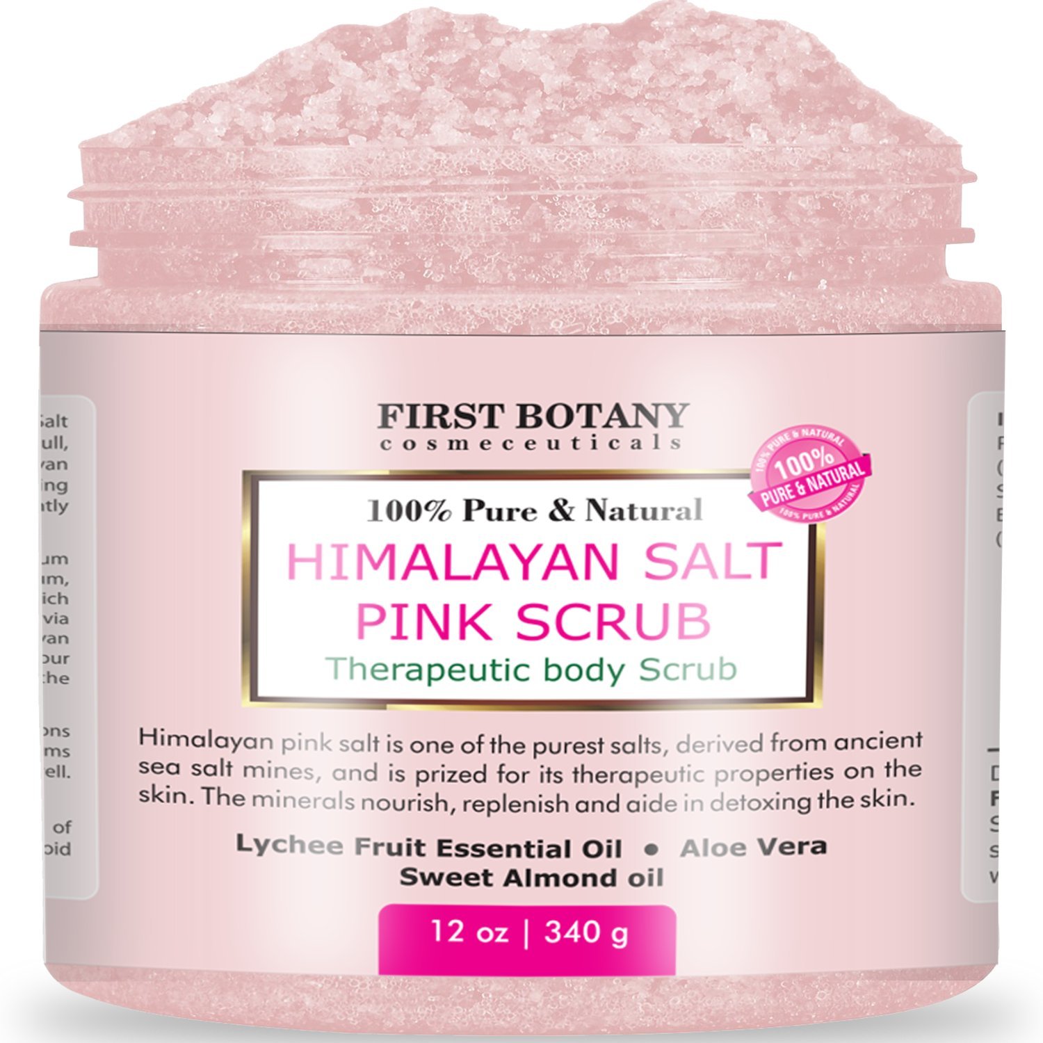 100% Natural Himalayan Salt Full Body Scrub 12 oz with Lychee Oil and Sweet Almond Oil- Best Body scrub, Deep Skin Exfoliator, Anti Cellulite, Body Wash, Moisturizer & Detox