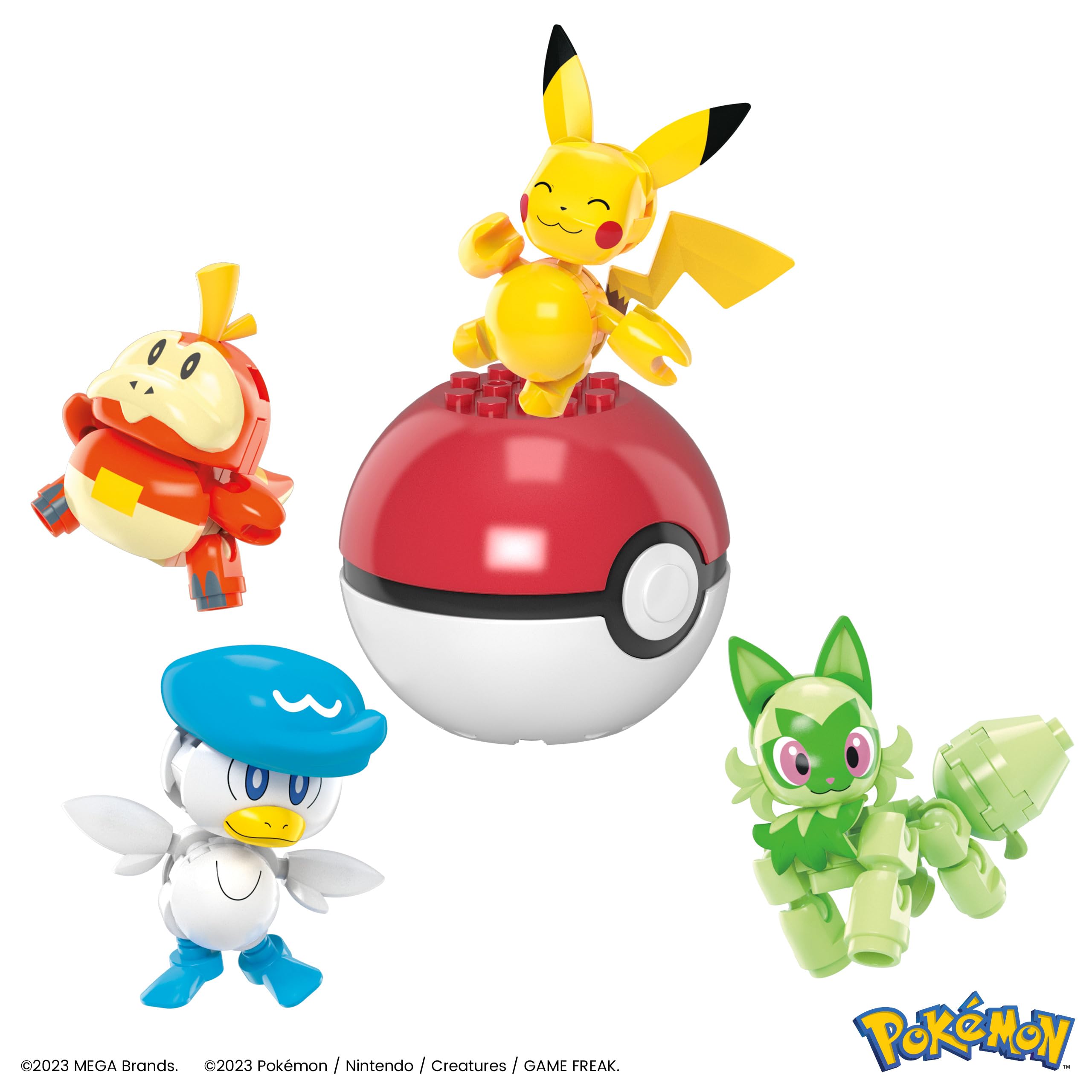 MEGA POKÉMON Paldea-Region - Pikachu und die ersten Partner-Pokémon Felori, Krokel und Kwaks, Zusammenbaubares und bewegliches Set mit 4 Figuren und 1 Pokéball zum Ausstellen, HPX92 2