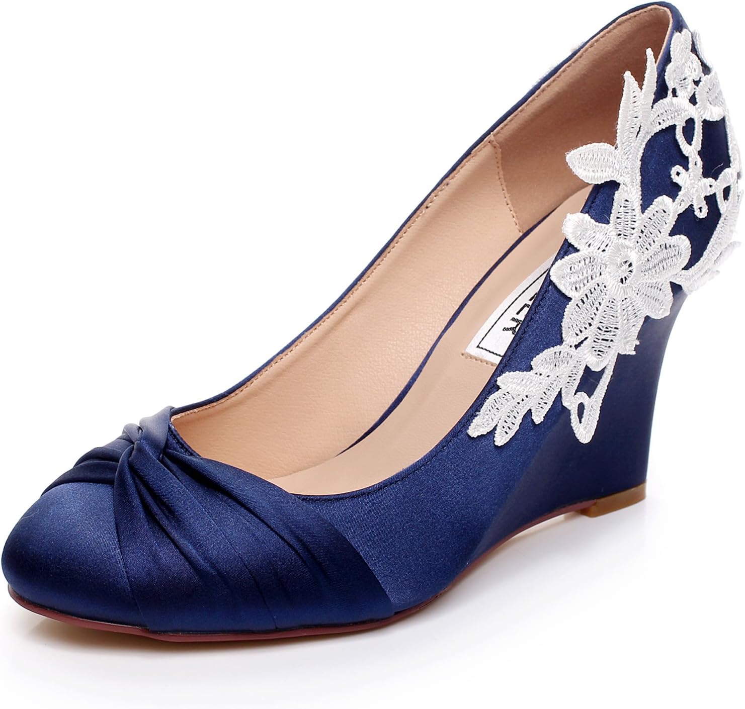 LUXVEER Dark Blue Wedding Shoes Wedges with White Lace Flowers Bridal Shoes Evening Shoes Women Shoes,Medium Heels 3.5 inch