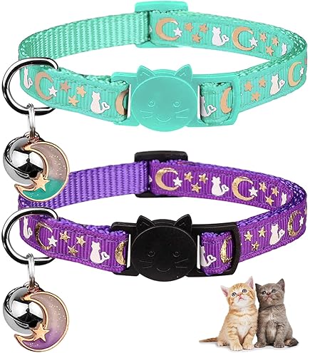 DILLYBUD 3-Pack Breakaway Cat Collars With Bell - Adjustable 8-12", Moon & Stars Pendant, Safety Buckle For Kittens