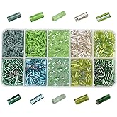 GOMAKERER 3000 Pcs 10 Colors Glass Bugle Beads, Green Series Screwy Bugle Beads Long Tube Seed Bead Loose Spacer Bead Bulk for DIY Crafting Jewelry Making