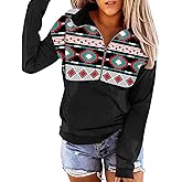 LEMAFER Women's 2024 Casual Aztec Cow Print Zipper Collar Pullover Sweatshirt Western Cowgirl Ethnic Style Hoodies