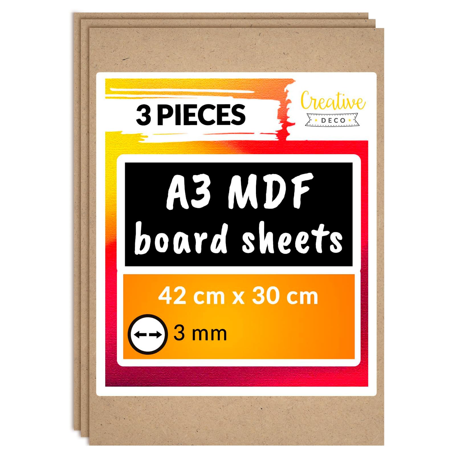 Creative Deco 3 x A3 MDF Board Sheet | 420 x 300 x 3mm Wood | Wooden Blank for Drawing, Home Decor, Art and Craft, Painting, DIY Projects, Laser Cutter, CNC Cutting, Scroll Saw, Stenciling Pyrography