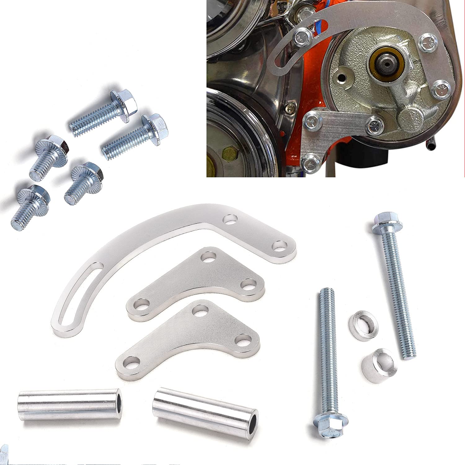 Photo 1 of RJSPHH SBC Power Steering Pump Bracket 350 V-Belt Slotted Adjustable LWP 305 327 383 5.0L 5.7L V8 Compatible With 350 Small Block Chevy Long Water Pump