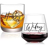 comfit Wedding Gifts for Couples 2026,Hubby & Wifey Wine&Whiskey Glass Set,Bridal Shower Gifts for Bride and Groom, Newly-Married Gifts for Him and Her,Mr and Mrs Gifts,His and Hers Glass