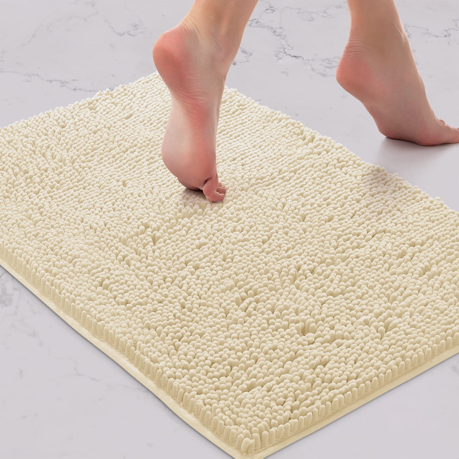 LuxUrux Bath Mat-Extra-Soft Plush Bath Shower Bathroom Rug, 1'' Chenille Microfiber Material, Super Absorbent Shaggy Bath Rug (Cream, 42 x 60 cm)
