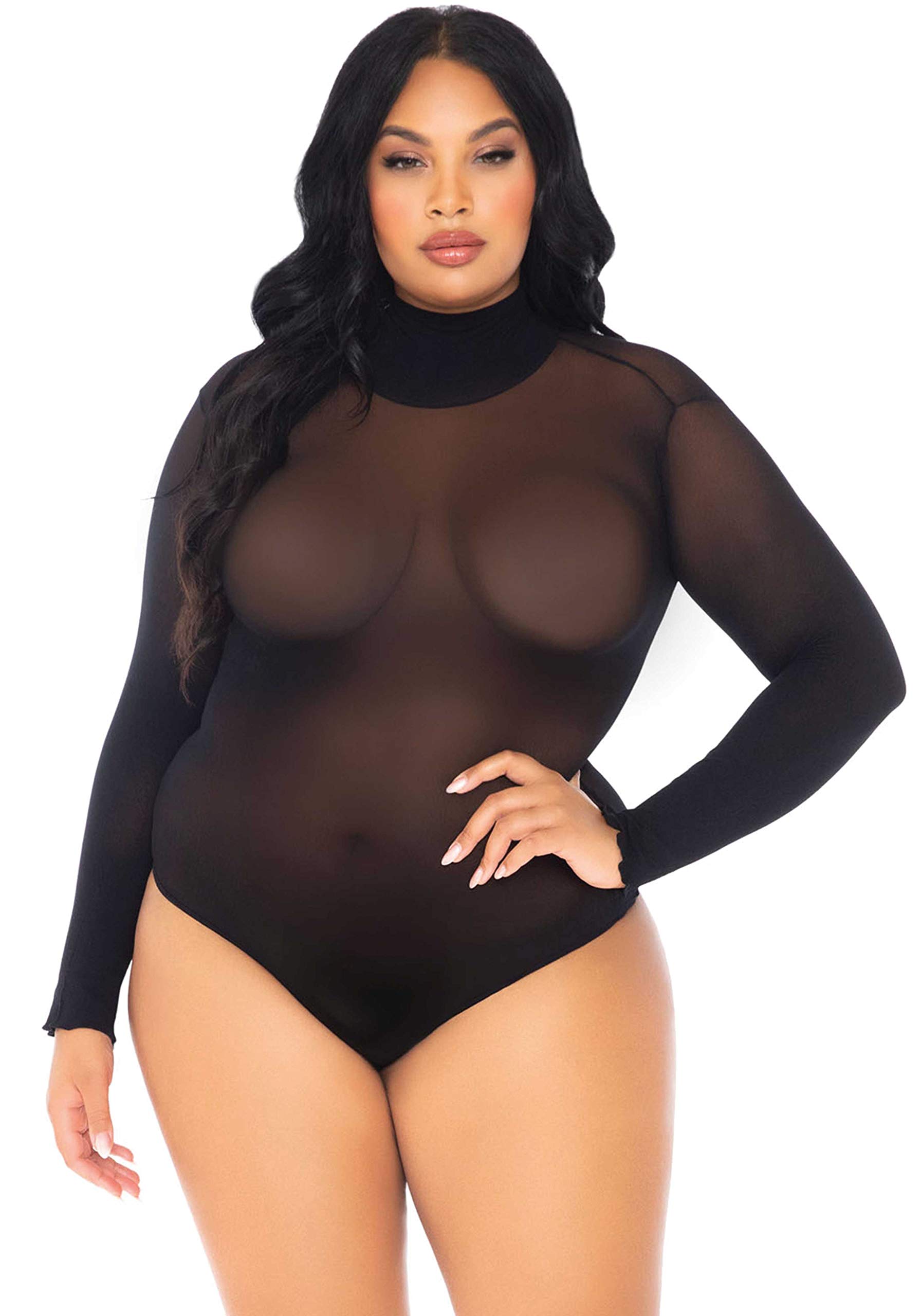 Leg Avenue Women's Long Sleeved Snap Crotch Bodysuit Lingerie Set, Black, X-Large