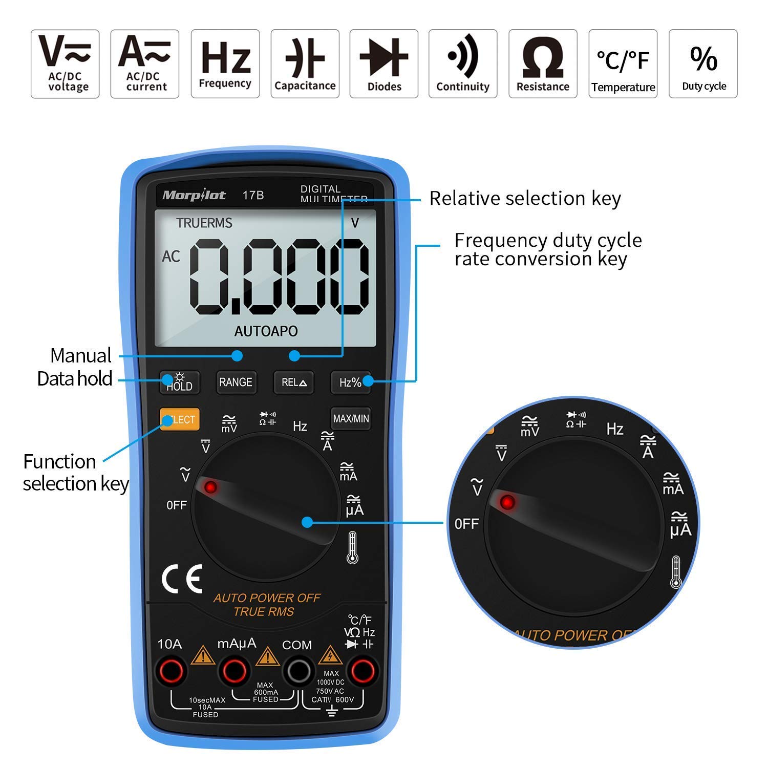 Digital Multimeter, Morpilot Auto-Ranging 6000 Counts DC/AC Voltage & Current, Resistance, Frequency, Continuity, Capacitance, Diode, Temperature, 3.0 Inch Backlight Large LCD Display & Test Leads