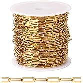[33FT] 18K Gold Plated Paperclip Chains for Jewelry Making, 3mm Wide 304 Stainless Steel Paperclip Link Chain Roll Bulk for DIY Jewelry Making Craft