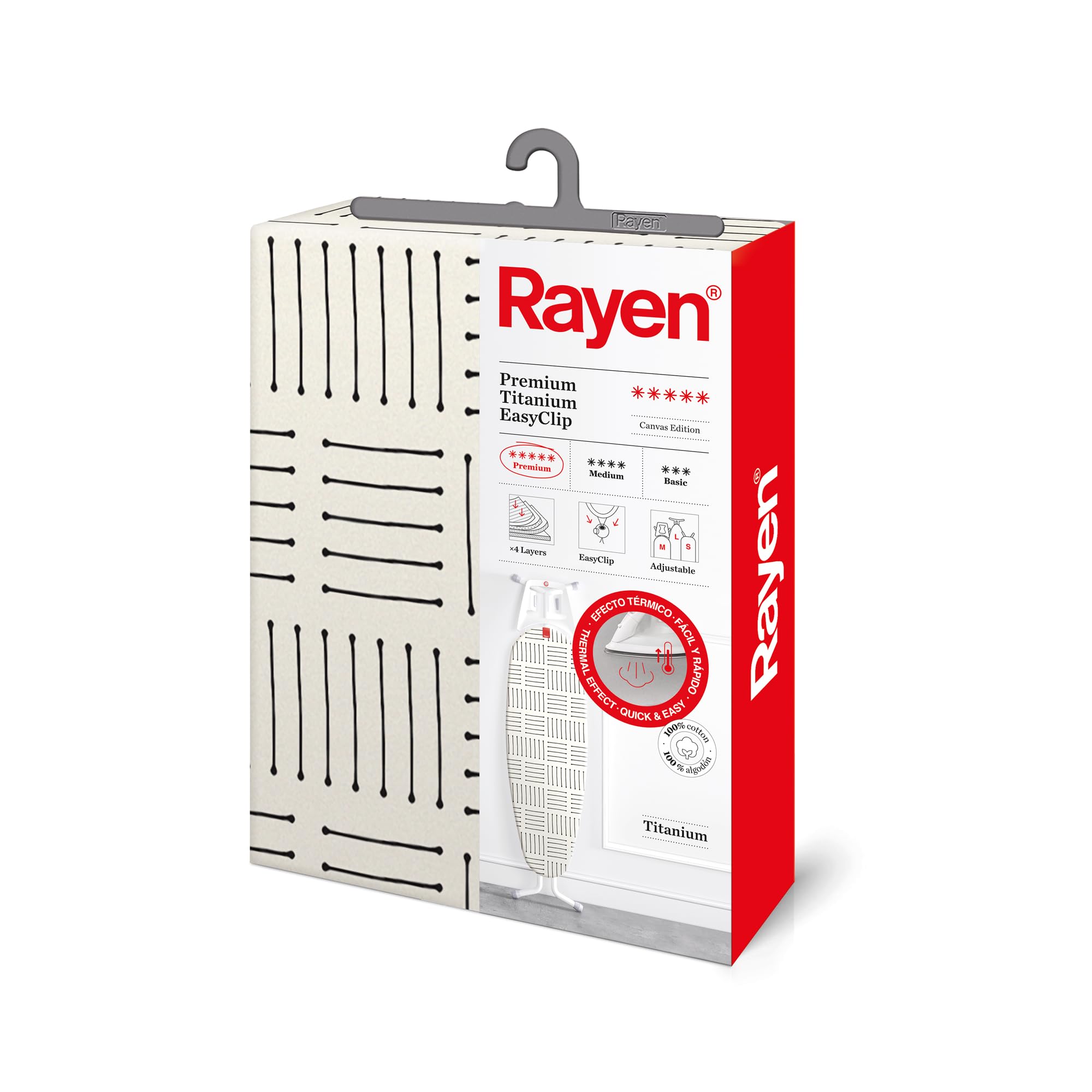 Rayen | Ironing Board Cover | 4 Layers: Foam, Flannelette, Quality Canvas Fabric and Titanium | Cover with Titanium Coating | Premium Range | 130 x 47 cm | White/Stripes