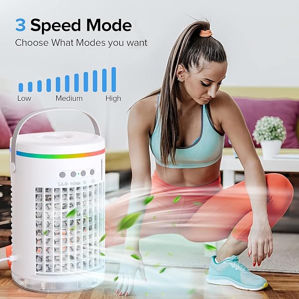 MINI EVAPORATIVE AIR COOLER,3-IN-1 PORTABLE SMALL AIR CONDITIONER AC UNIT WITH 1400ML WATER TANK,POWERFUL 3 SPEEDS 7 COLORS LED PERSONAL AIR CONDITIONER WI/TIMER(WHITE)