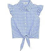 Girls Sleeveless Plaid Button Down Shirt Summer Crop Tops Tie Knot Ruffle Sleeve Shirt Blouse 3-12Y