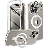 BANLEA Compatible with iPhone 15 Pro Max Case, Built-in Screen Protector & Seamless Stand, with Camera Lens Protector, Strong Magnetic Clear Phone Case, Full Body Protective Cover for 6.7" (Clear)