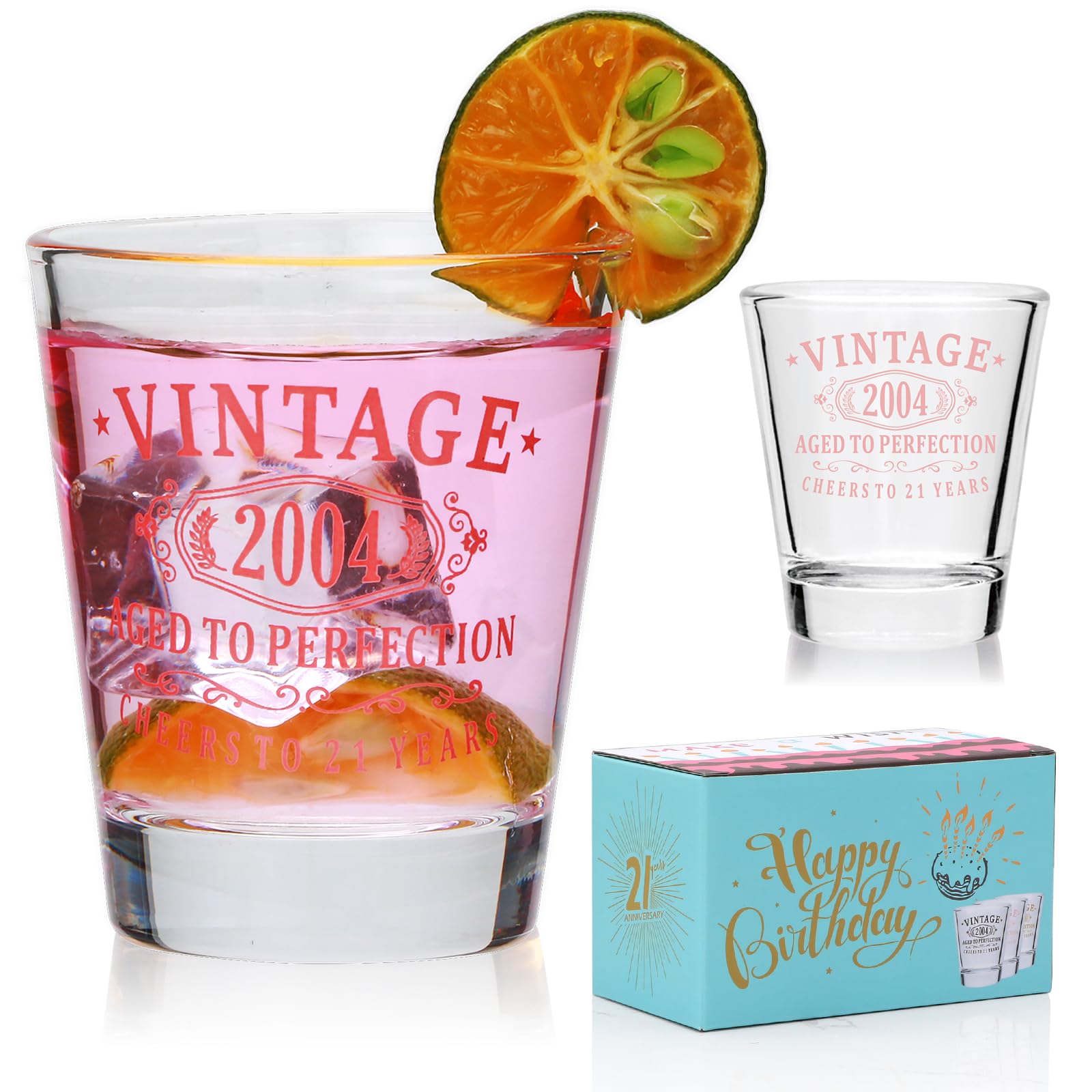 Photo 1 of Encheng Happy 21st Birthday Decorations Gifts for Him & Her - Vintage 2004 Pink Printed 1.6oz Shot Glasses with Heavy Base, Cheer to 21 Years Birthday Party Favor Gifts for Women,Men,2 Pack