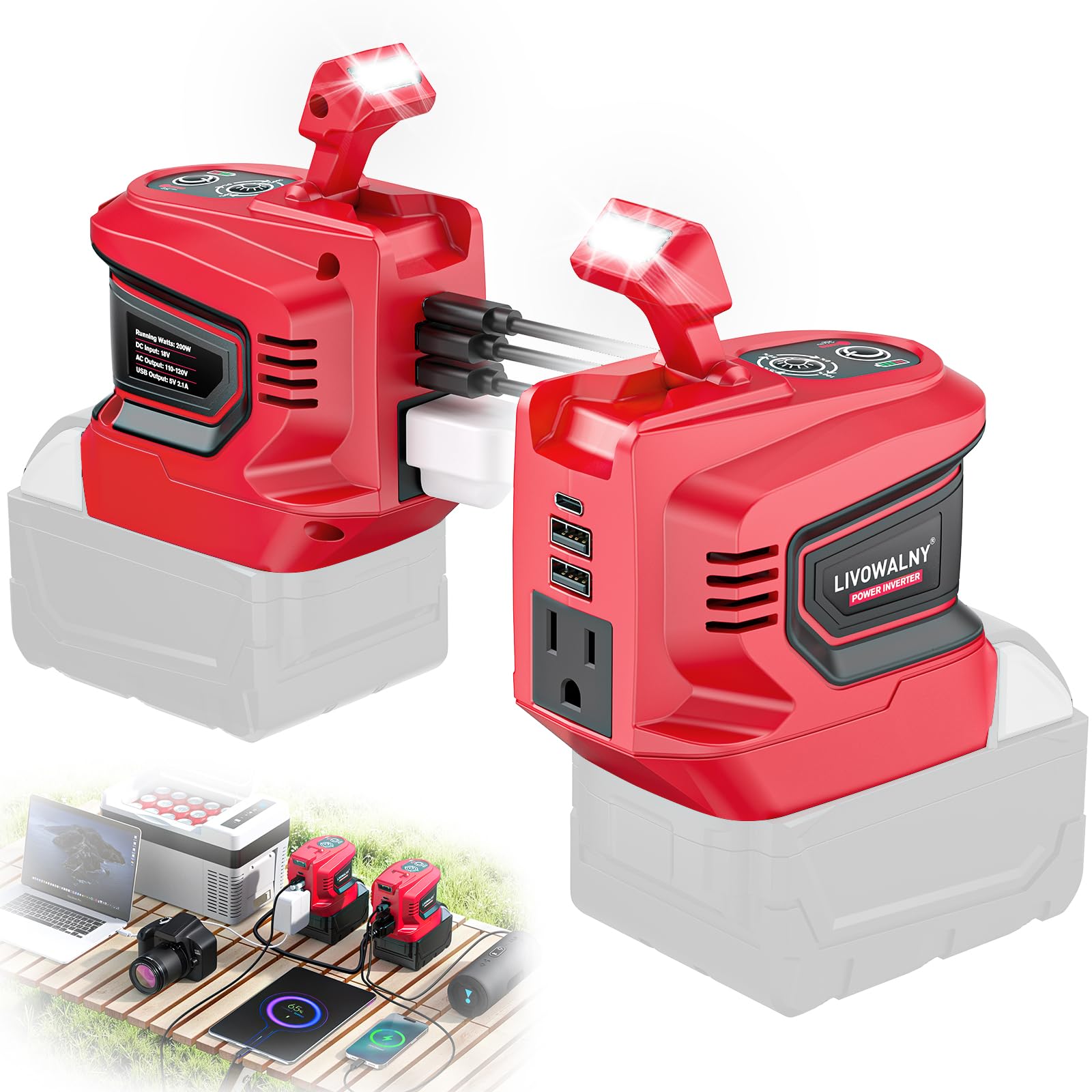 Photo 1 of *** PARTIAL SET *** 2PCS 200W Power Inverter for Milwaukee, LIVOWALNY DC 18V to AC 110-120V Battery Inverter, Portable Battery Adapter Phone Charger Converter 2 USB & 1 Type-C & 1 AC for Camping Essentials (Tool Only)