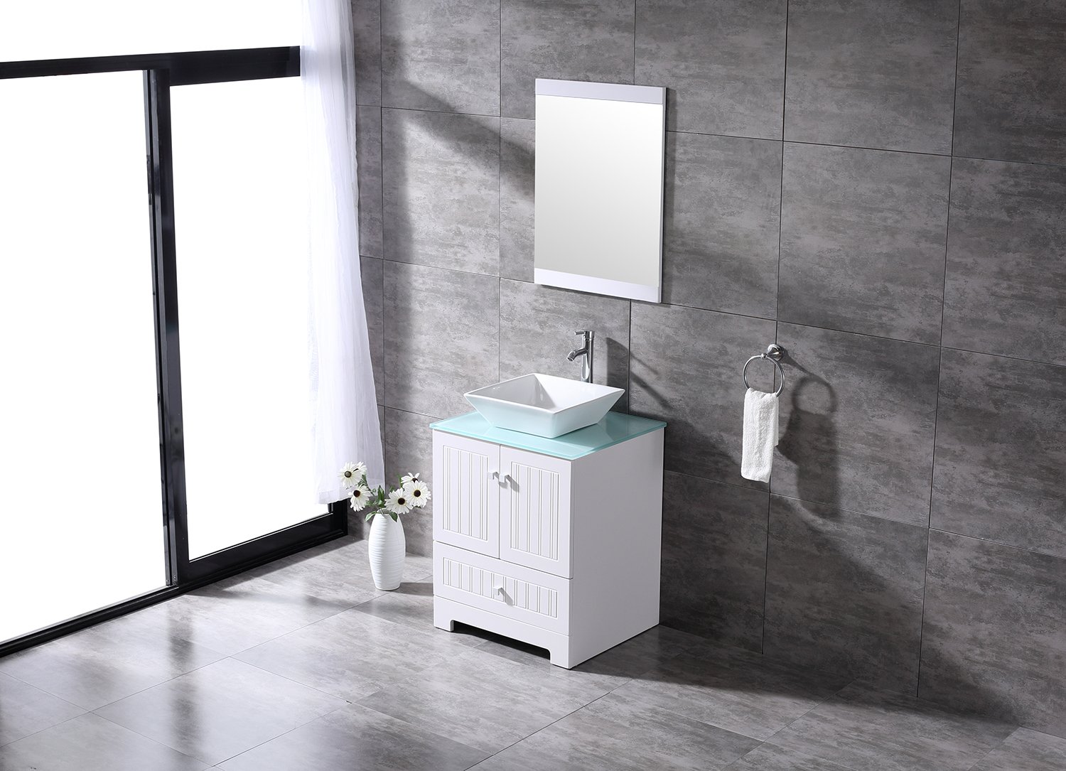 Bathjoy 24 White Bathroom Vanity Cabinet Round Ceramic Vessel Sink Combo Countertop Sink Set Faucet Drain W Mirror Bathroom Vanities