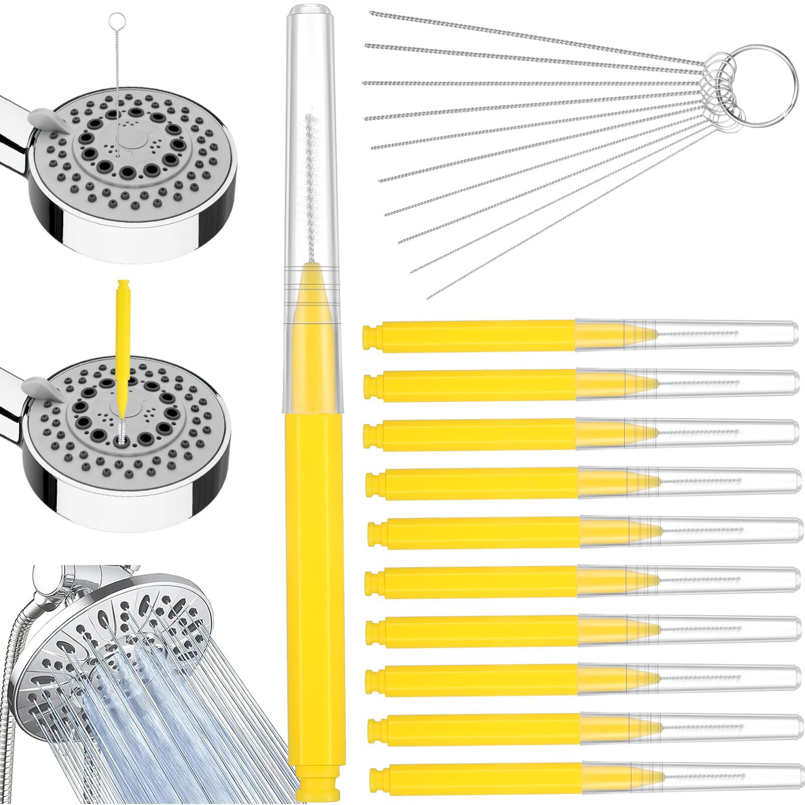 20pcs Shower Head Cleaning Brush, with 10pcs Cleaning Needle Picks, Small Hole Anti-Clogging Cleaner Tool, Crevice Shower Head Nozzle Cleaning Brush for Bathroom Hotel (Yellow)