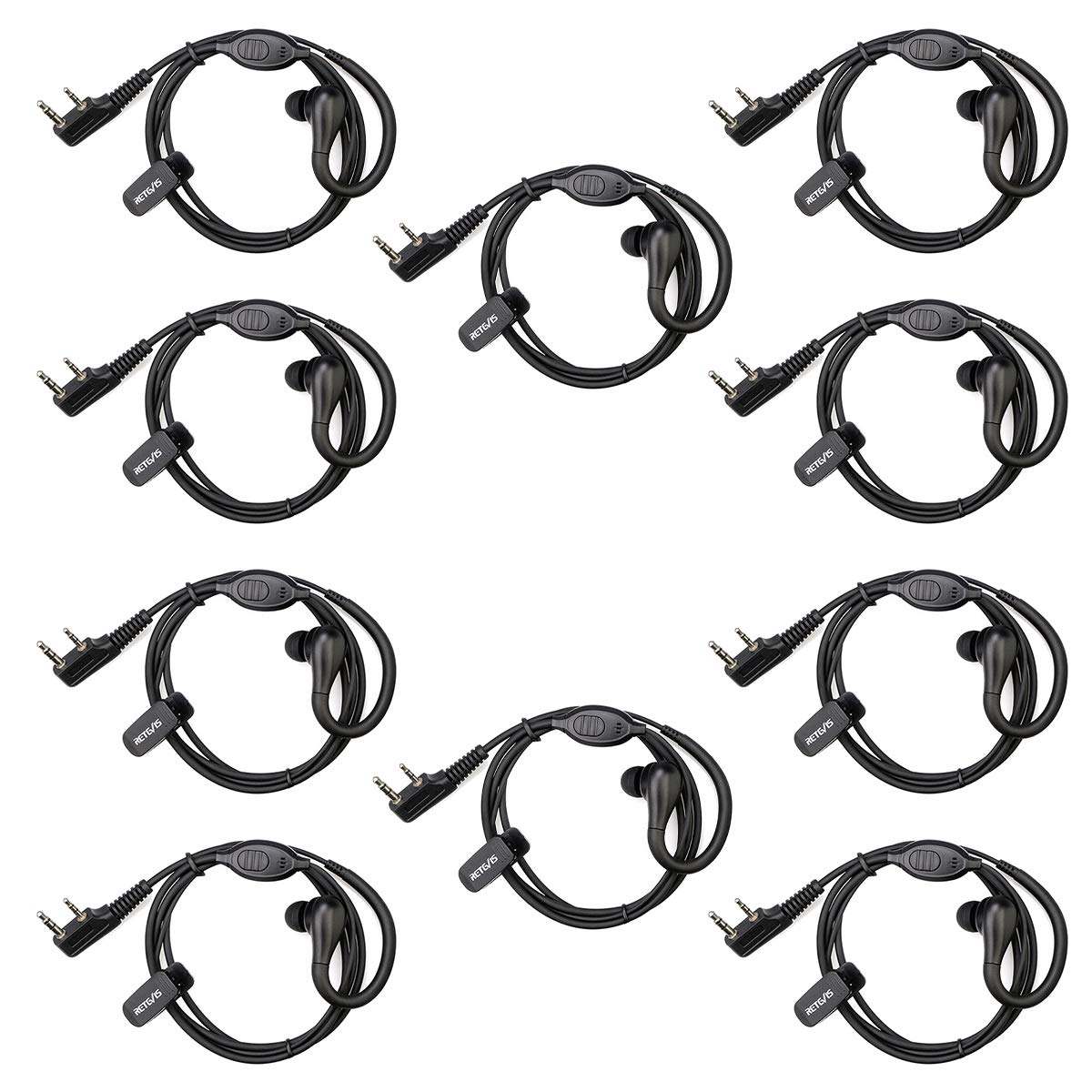 Retevis RT622 Walkie Talkie Earpiece with Mic, 2 Pin Headset Compatible RT24 RT27 RT28 RT619 eSynic UV-5R BF-88E BF-888S Two Way Radio, Anti Falling off Single Wire Earhook (10 Pack)