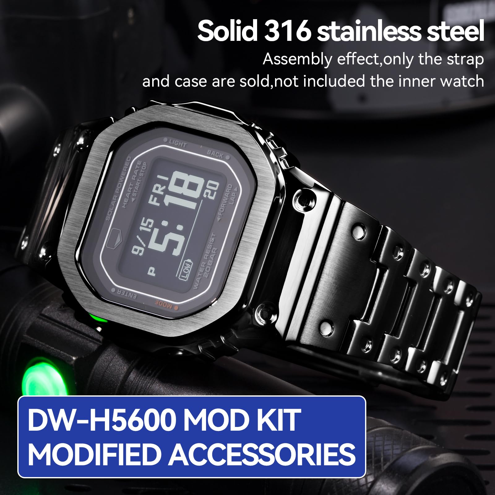 Korlexchi MOD Kit Metal Watchband and Watch Case Compatible with Casio For G-SHOCK Men's DW-H5600 316 Stainless Steel Bracelet Band Strap and Bezel