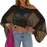 MAKABO Women's Crochet Sheer Poncho Top Lightweight Sparkly Shrug Pullover Knit Bolero Sweater Cover Up Beachwear