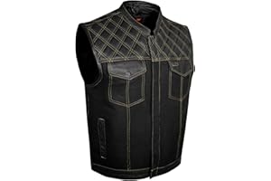 Dream Apparel Men's SOA Denim & Leather Motorcycle Vest for Riding w/ 2 Concealed Carry Pockets, Biker Vest Black Club Vest